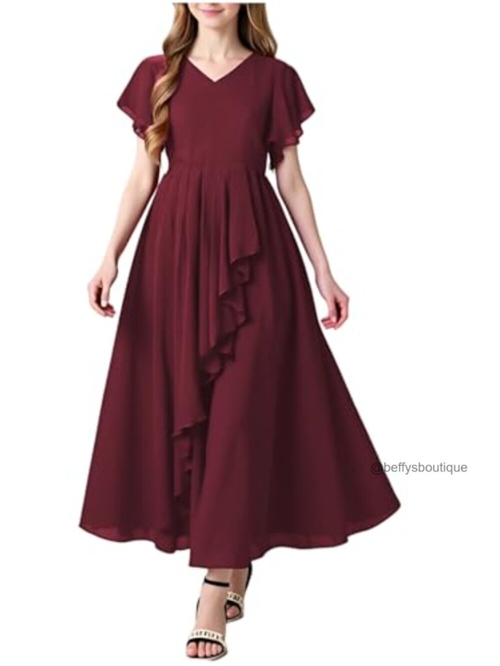 Girls V-Neck Ruffle Sleeve Chiffon Maxi Dress | Formal Party